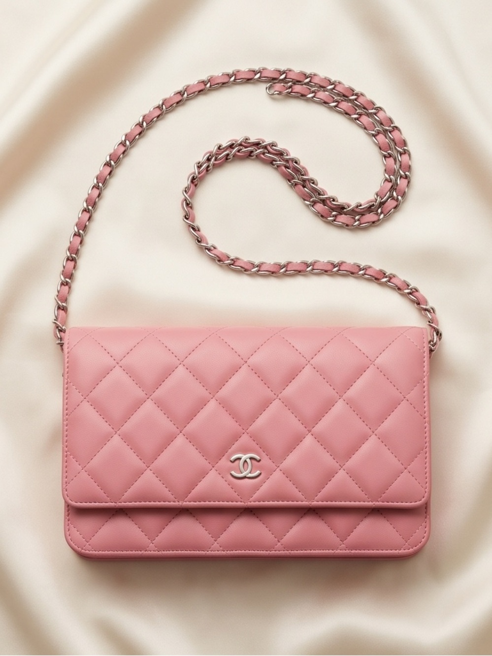 CHANEL Pink Quilted Leather Crossbody Wallet